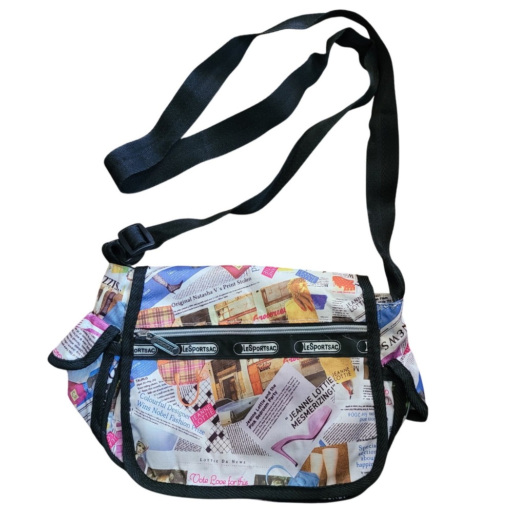 LeSportsac Jeanne Lottie Newspaper Crossbody Purse Bag Multicolor Nylon Y2K Vtg